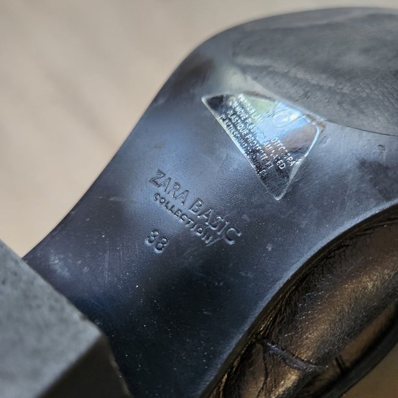 ZARA Black Leather Ankle Western Buckle Stacked Heel Boots - Picture 6 of 6